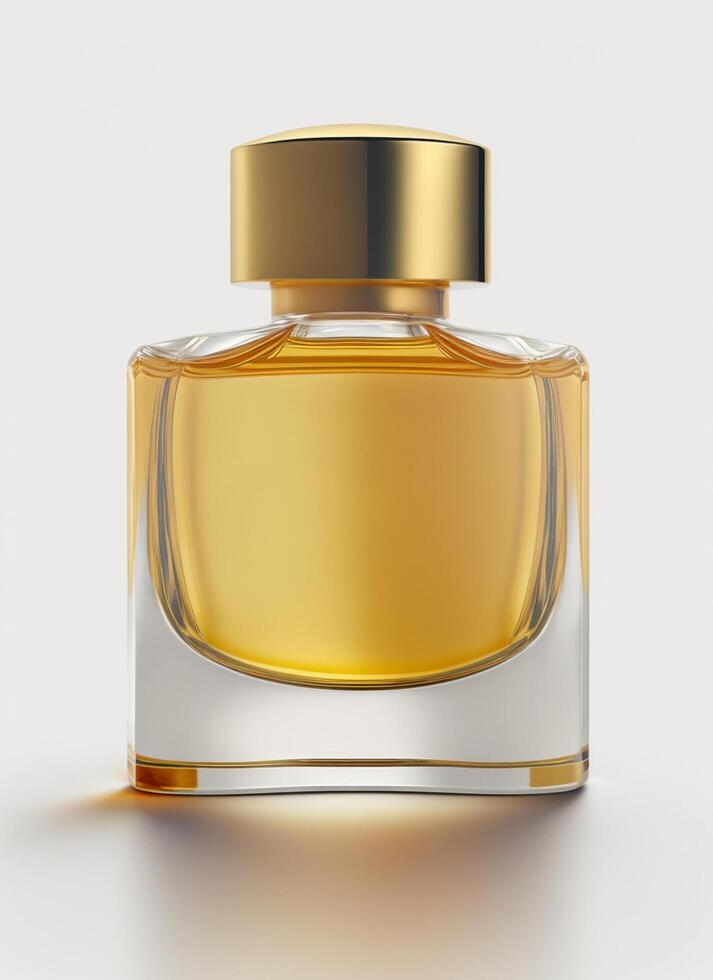 un alto clase botella de vaso perfume con amarillo líquido. aromático perfume botellas en blanco antecedentes. para belleza producto, cosmético, perfume día, fragancia día o perfume lanzamiento evento por ai generado foto