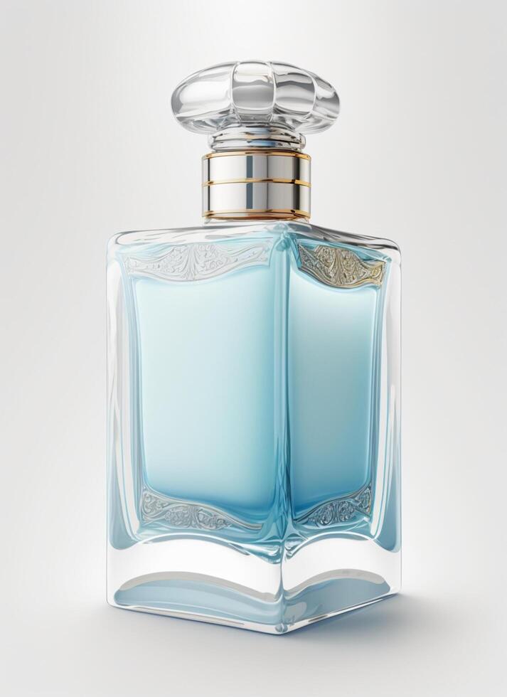A high class bottle of glass perfume with light blue liquid. Aromatic perfume bottles on white background. Beauty product, cosmetic, perfume day, fragrance day or perfume launch event by photo
