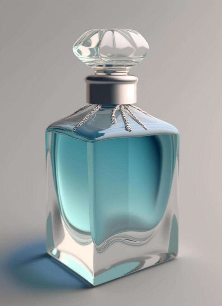 A high class bottle of glass perfume with light blue liquid. Aromatic perfume bottles on white background. Beauty product, cosmetic, perfume day, fragrance day or perfume launch event by photo