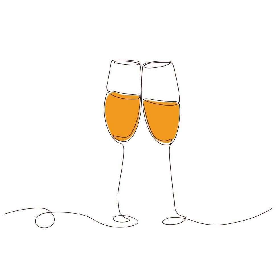 Two glasses of champagne. Vector illustration.Continuous line drawing. Minimalist black linear sketch. Isolated on white background.