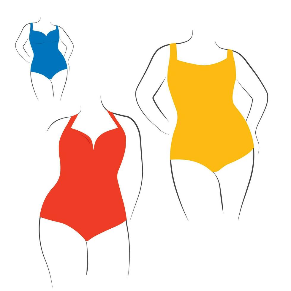 más Talla baños traje para abrazando esos curvas. baños traje vector valores ilustración. lencería y bikini ropa interior garabatear elementos, playa belleza sostén.