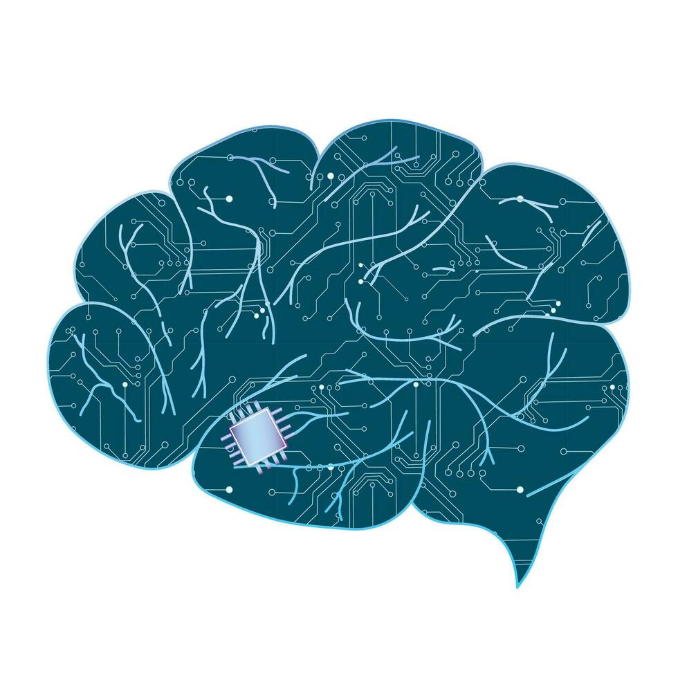 technology chip processor in the human brain. vector. Coding and chipping of the mind. VR and AR technology futuristic concept. Virtual reality or Augmented reality world simulation. vector