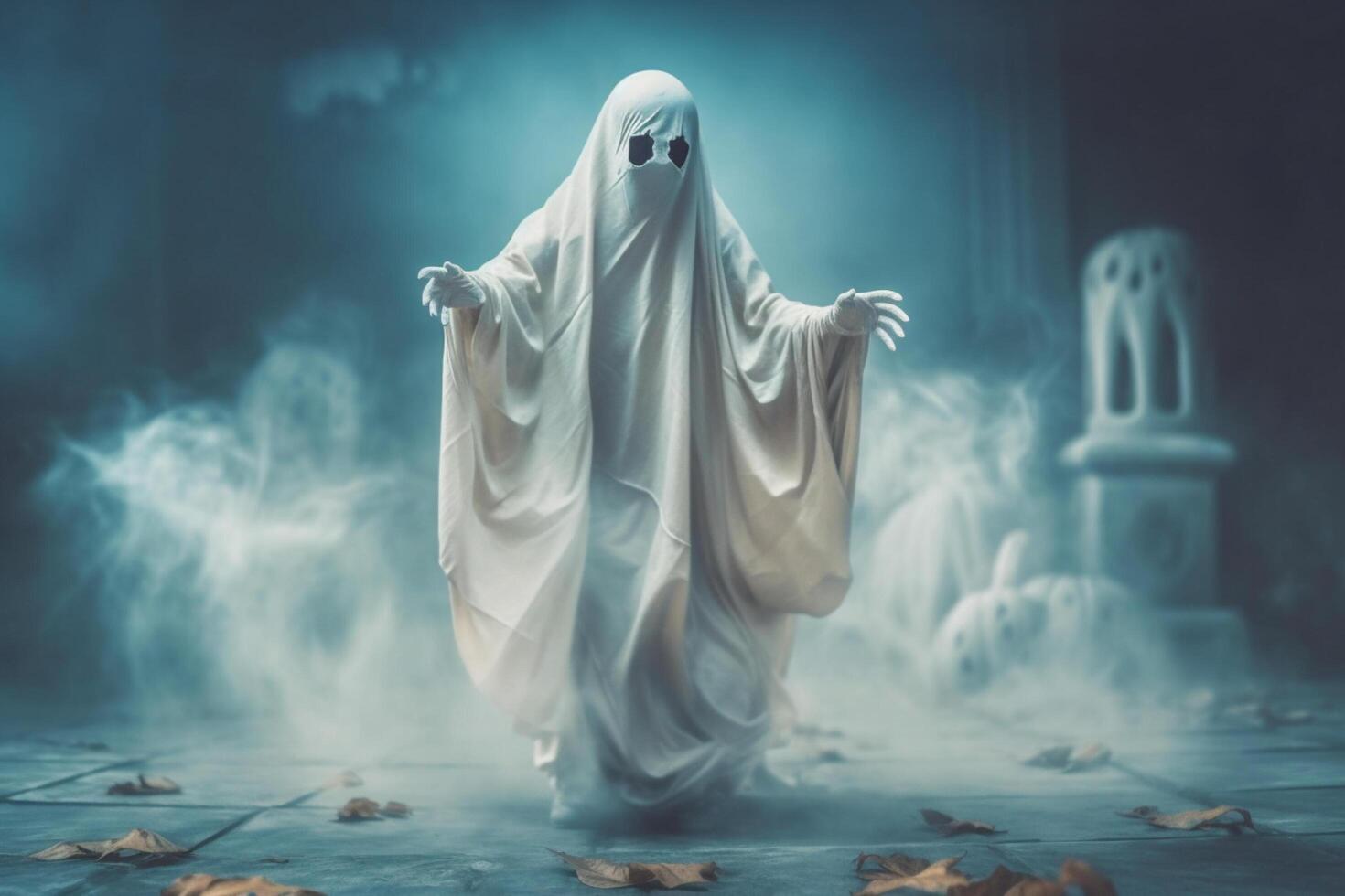 Human in spooky ghosts costume flying inside the old house or forest at night. Spooky halloween background with ghost. Ghost on halloween celebration concept by photo