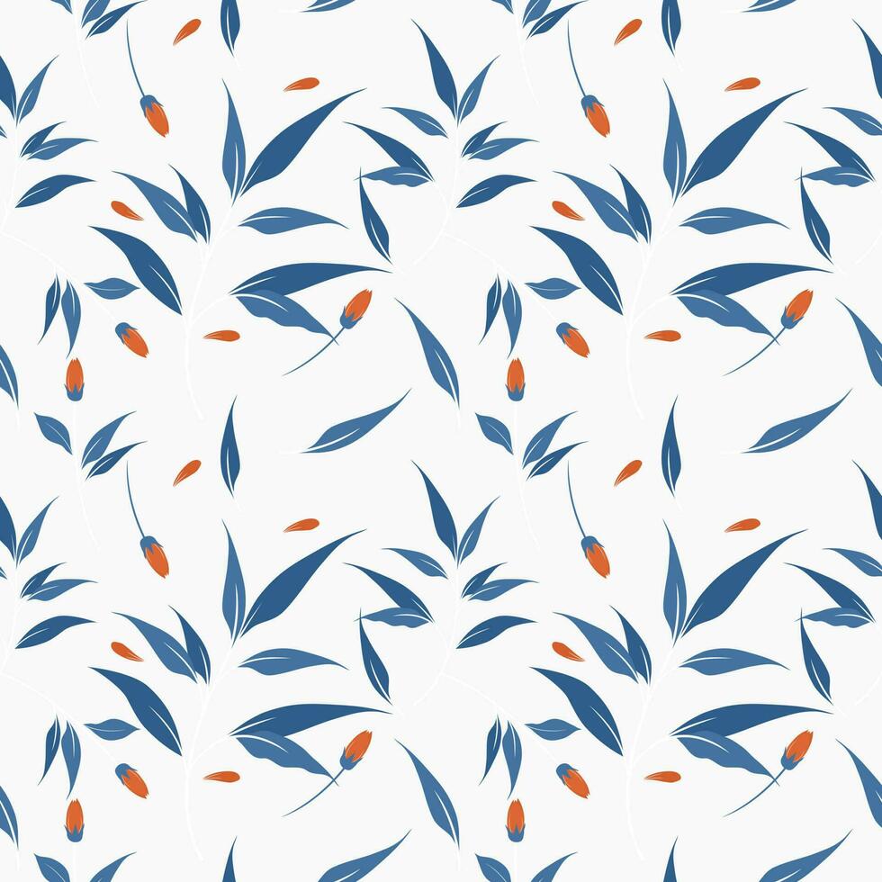 vector background seamless pattern of indigo blue leaves and orange flowers on white background.idea for a book cover design.gift wrapping paper or paper for product design.vector illustration.