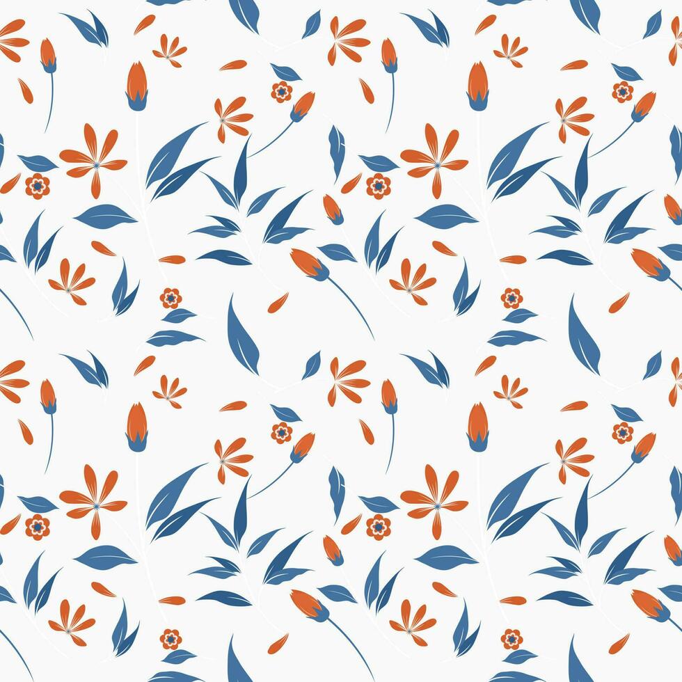 vector background seamless pattern of indigo blue leaves and orange flowers on white background.idea for a book cover design.gift wrapping paper or paper for product design.vector illustration.