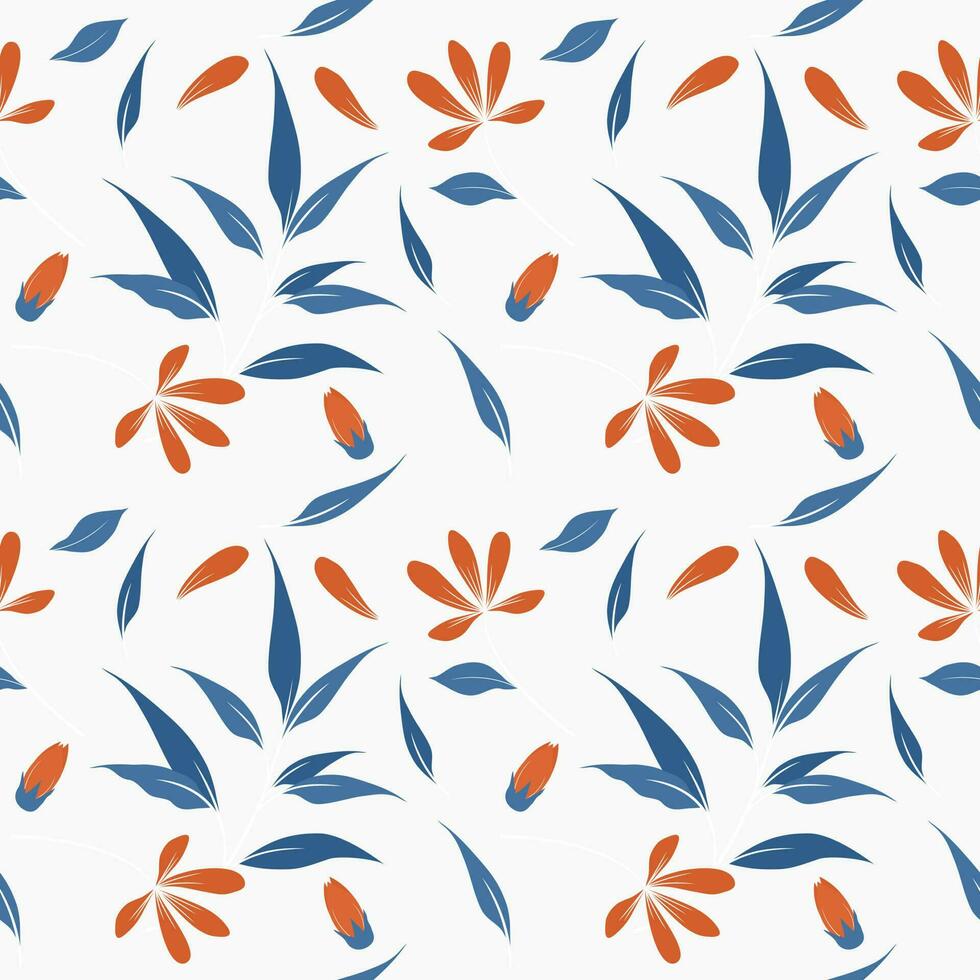 vector background seamless pattern of blue leaves and orange flowers on white background.idea for a book cover design.gift wrapping paper or paper for product design.vector illustration.