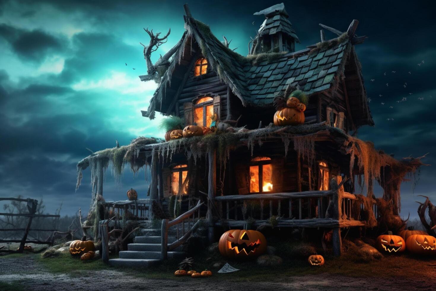 Haunted house on halloween celebration concept. Spooky house halloween background with deserted building and pumpkin. Scary house with creepy building at night by photo