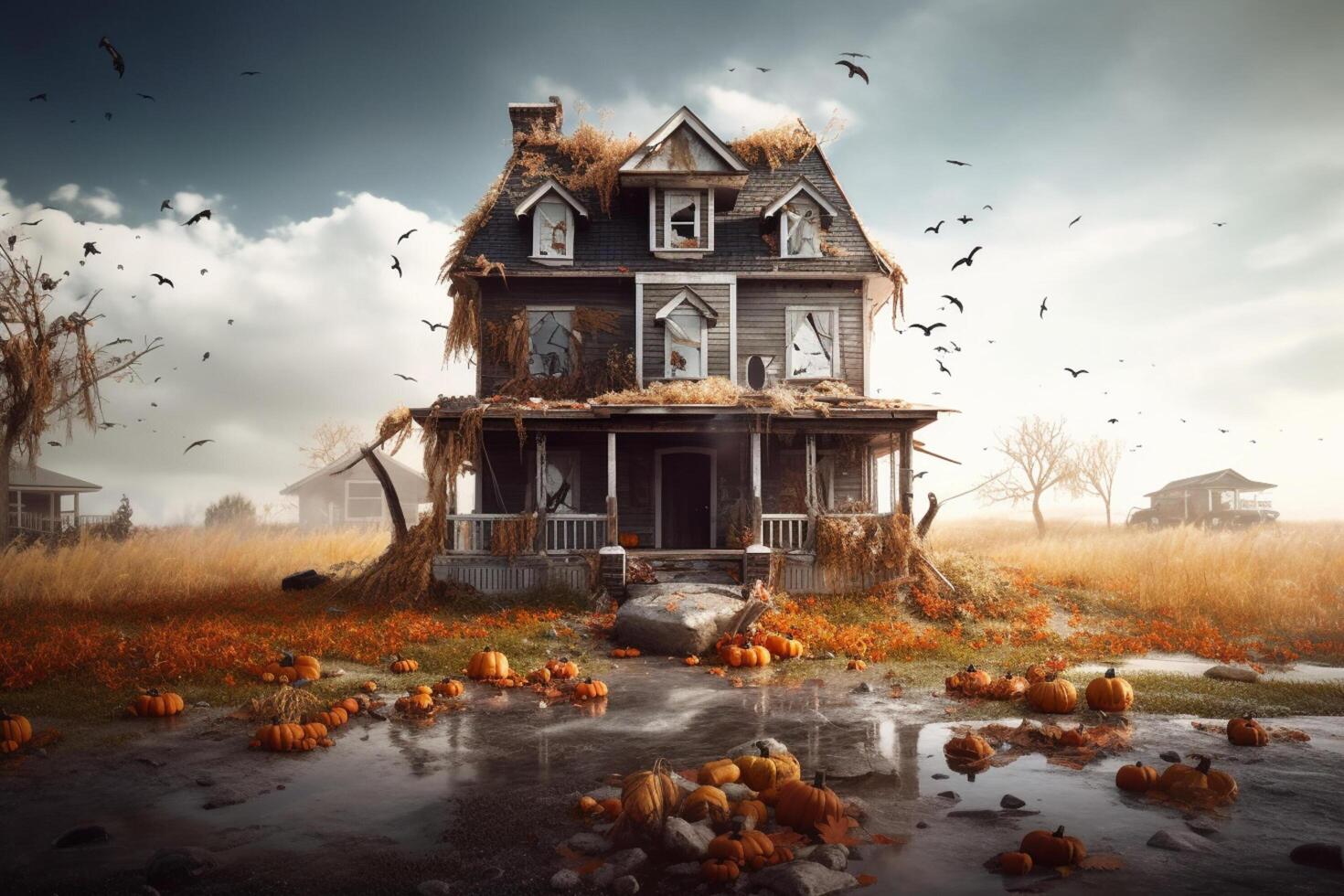 Haunted house on halloween celebration concept. Spooky house halloween background with deserted building and pumpkin. Scary house with creepy building at night by photo