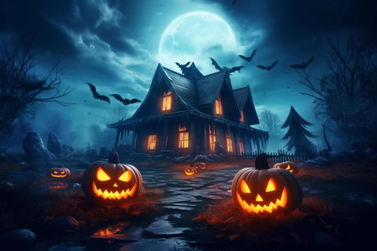 Haunted house on halloween celebration concept. Spooky house halloween background with deserted building and pumpkin. Scary house with creepy building at night by photo