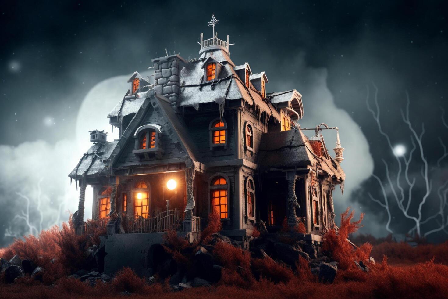 Haunted house on halloween celebration concept. Spooky house halloween background with deserted building and pumpkin. Scary house with creepy building at night by photo