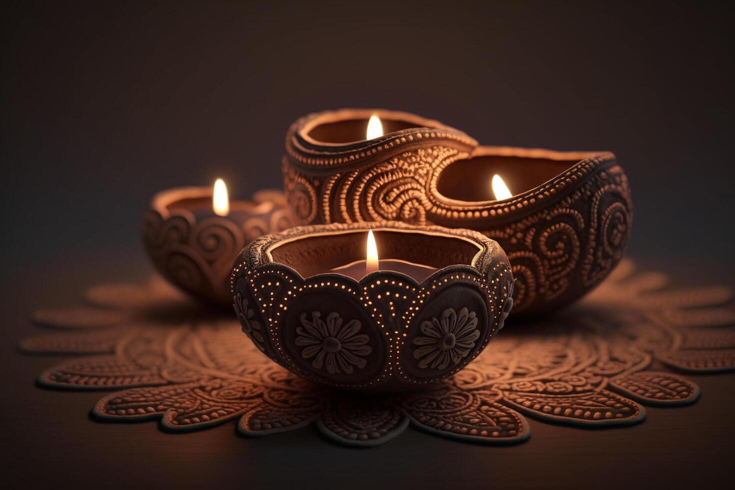 Happy diwali or deepavali traditional indian festival with clay diya oil lamp. Indian hindu festival of light symbol with candle and light. Clay diya lamp lit during diwali celebration by photo