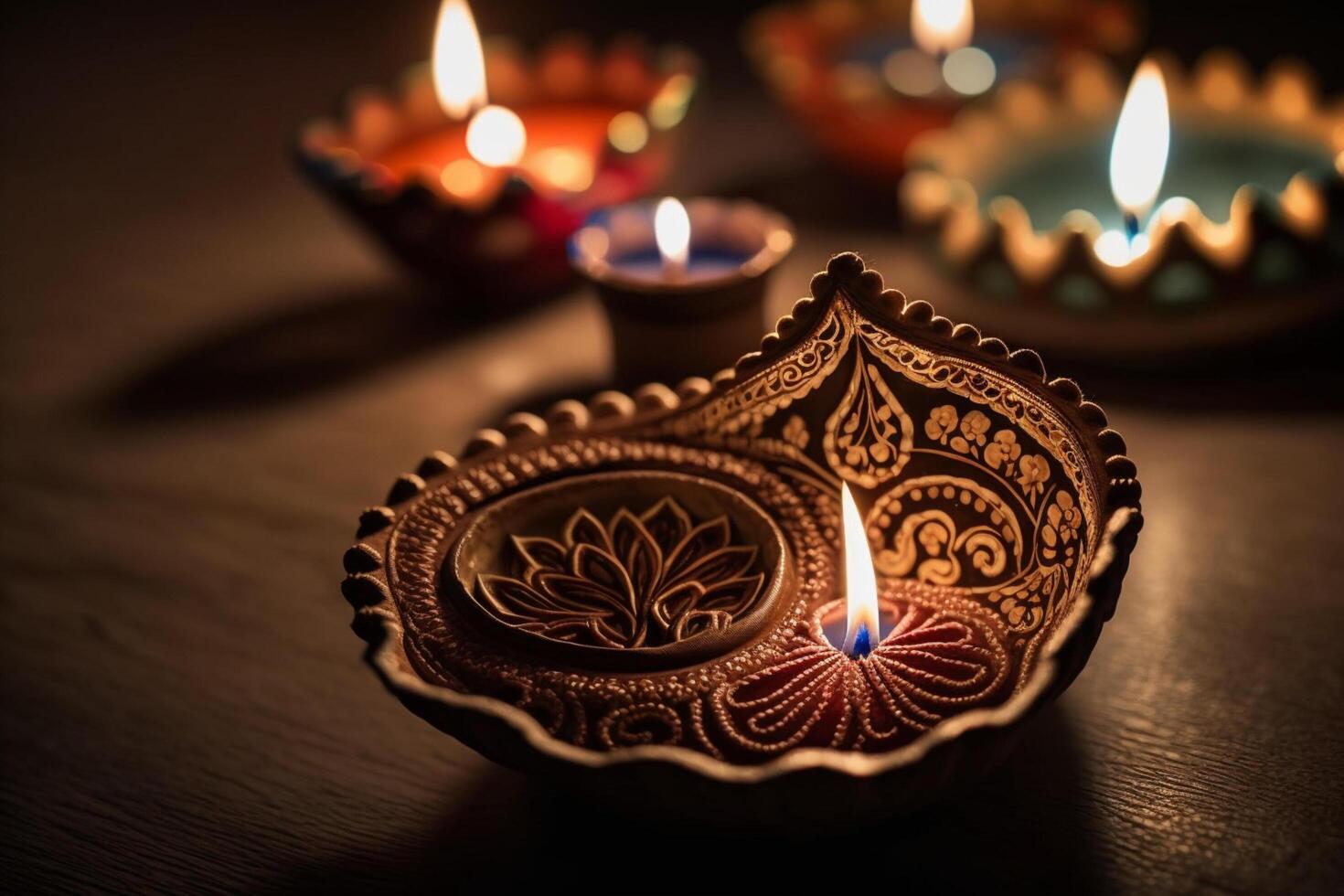 Happy diwali or deepavali traditional indian festival with clay diya oil lamp. Indian hindu festival of light symbol with candle and light. Clay diya lamp lit during diwali celebration by photo