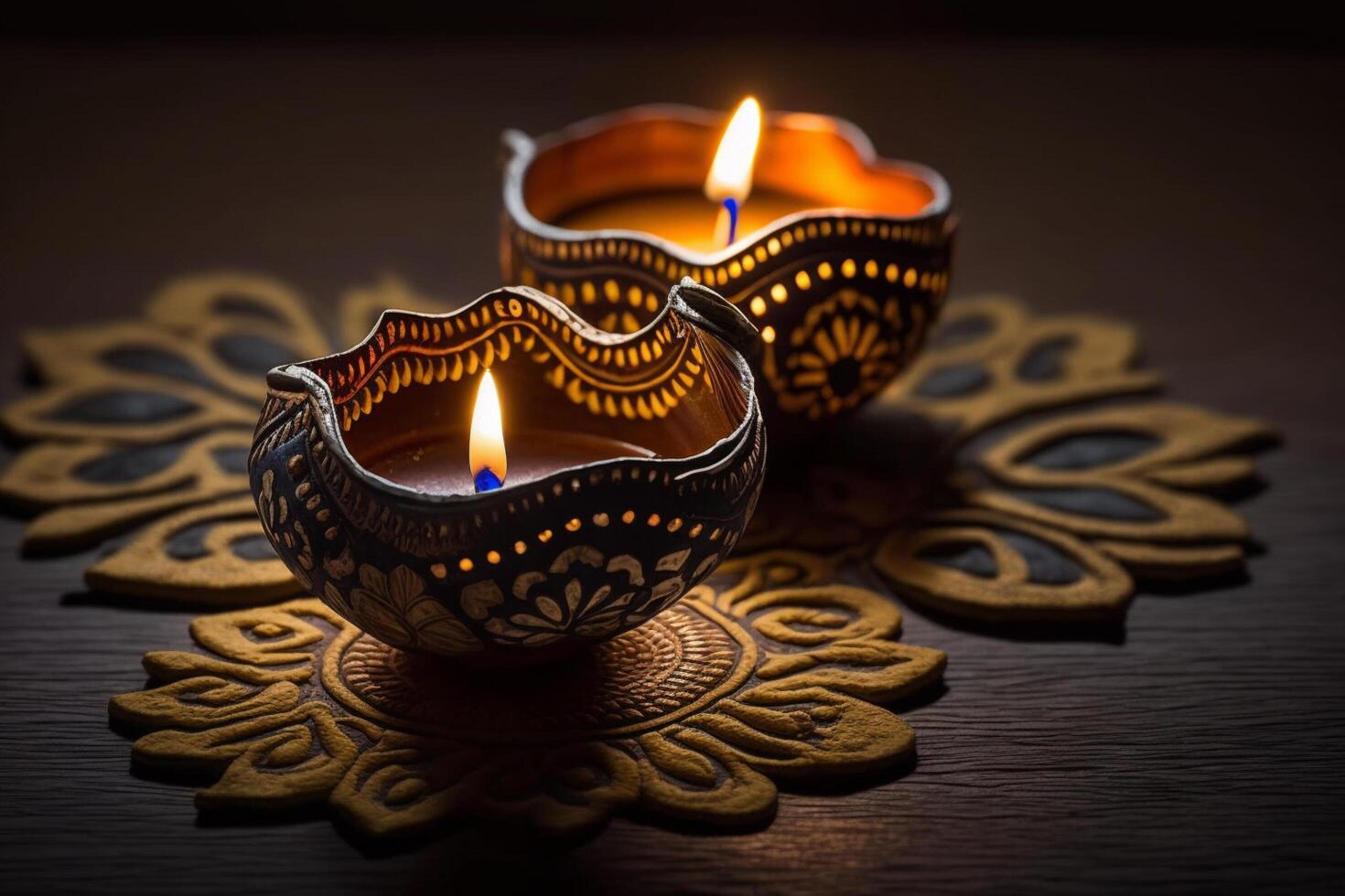 Happy diwali or deepavali traditional indian festival with clay diya oil lamp. Indian hindu festival of light symbol with candle and light. Clay diya lamp lit during diwali celebration by photo