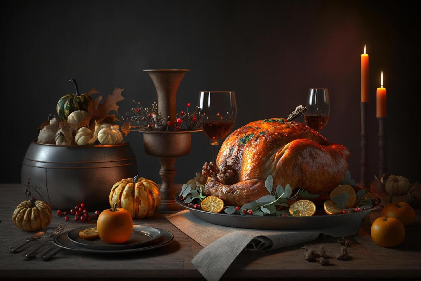 Thanksgiving day meal with pie, pumpkin, oranges, or roasted chicken in oven form. Flat lay assortment with delicious thanksgiving food. Happy thanksgiving day concept by photo