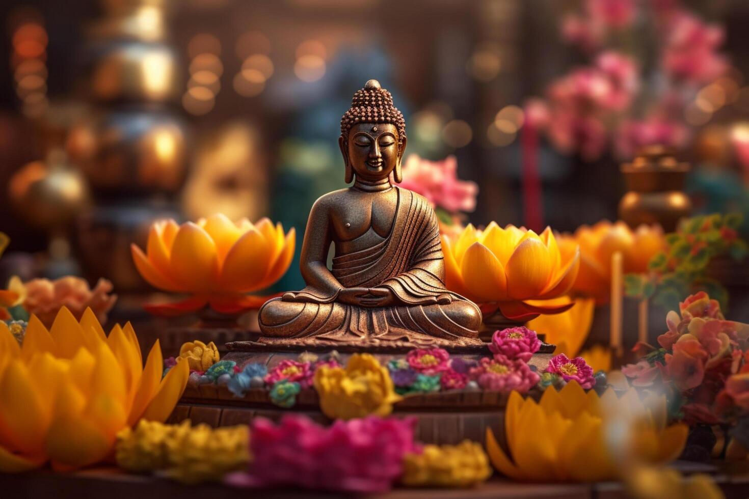 A buddha sits in a garden with a lotus and candles. Background for vesak festival celebration. Vesak day concept. Vesak celebration day greetings by photo