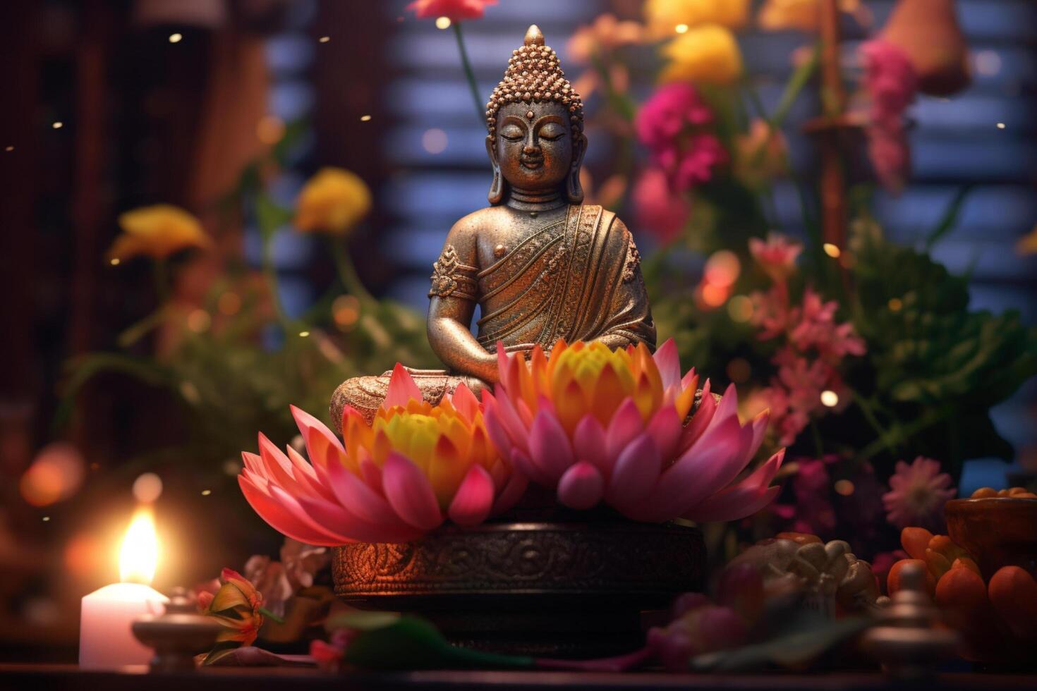 A buddha sits in a garden with a lotus and candles. Background for vesak festival celebration. Vesak day concept. Vesak celebration day greetings by photo