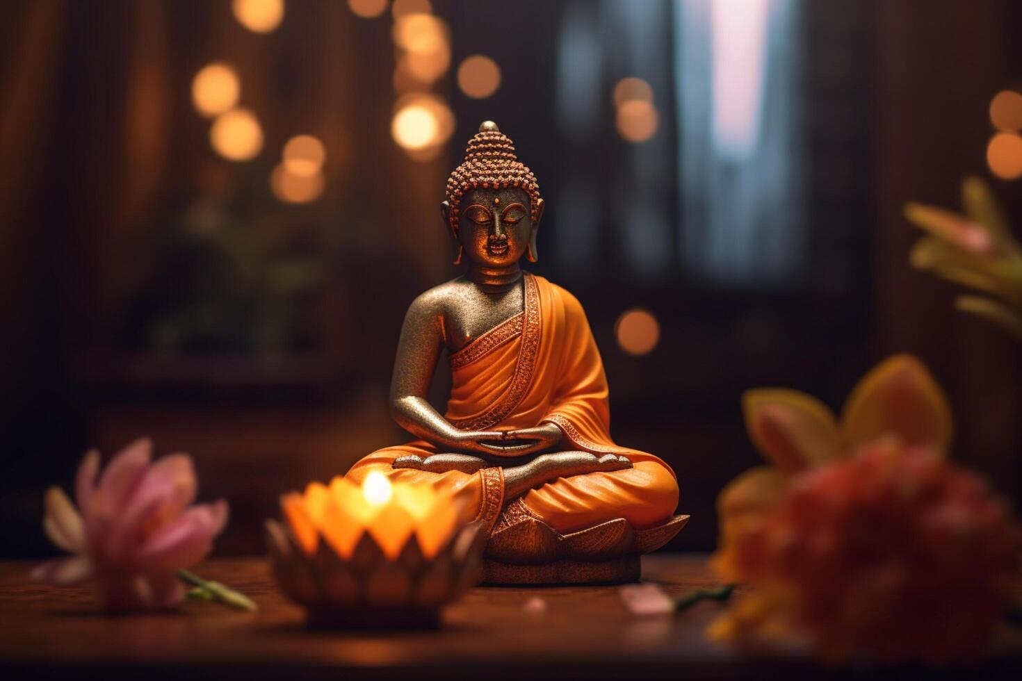 A buddha sits in a garden with a lotus and candles. Background for vesak festival celebration. Vesak day concept. Vesak celebration day greetings by photo