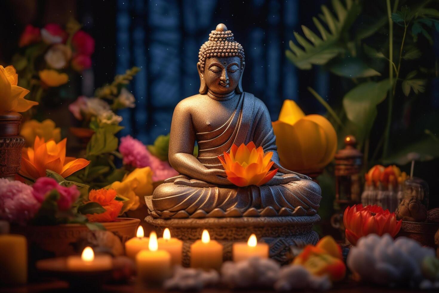 A buddha sits in a garden with a lotus and candles. Background for vesak festival celebration. Vesak day concept. Vesak celebration day greetings by photo