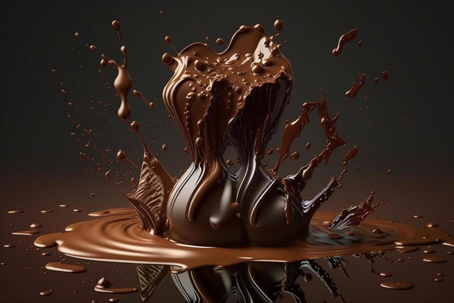 A delicious melting chocolate splash in a realistic style. Hot chocolate, cacao or coffee splash. Tasty chocolate liquid splash. Chocolate sauce crown splash. For chocolate day dessert by photo