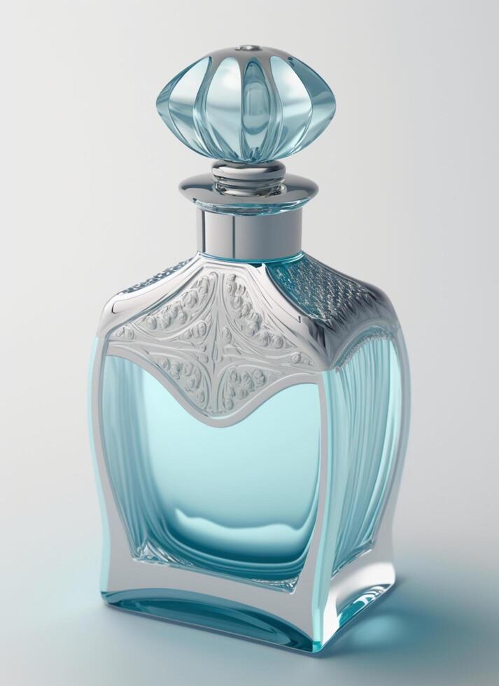 A high class bottle of glass perfume with light blue liquid. Aromatic perfume bottles on white background. Beauty product, cosmetic, perfume day, fragrance day or perfume launch event by photo