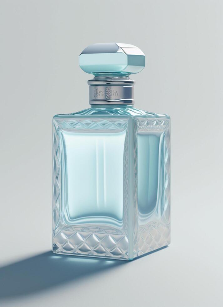 A high class bottle of glass perfume with light blue liquid. Aromatic perfume bottles on white background. Beauty product, cosmetic, perfume day, fragrance day or perfume launch event by photo