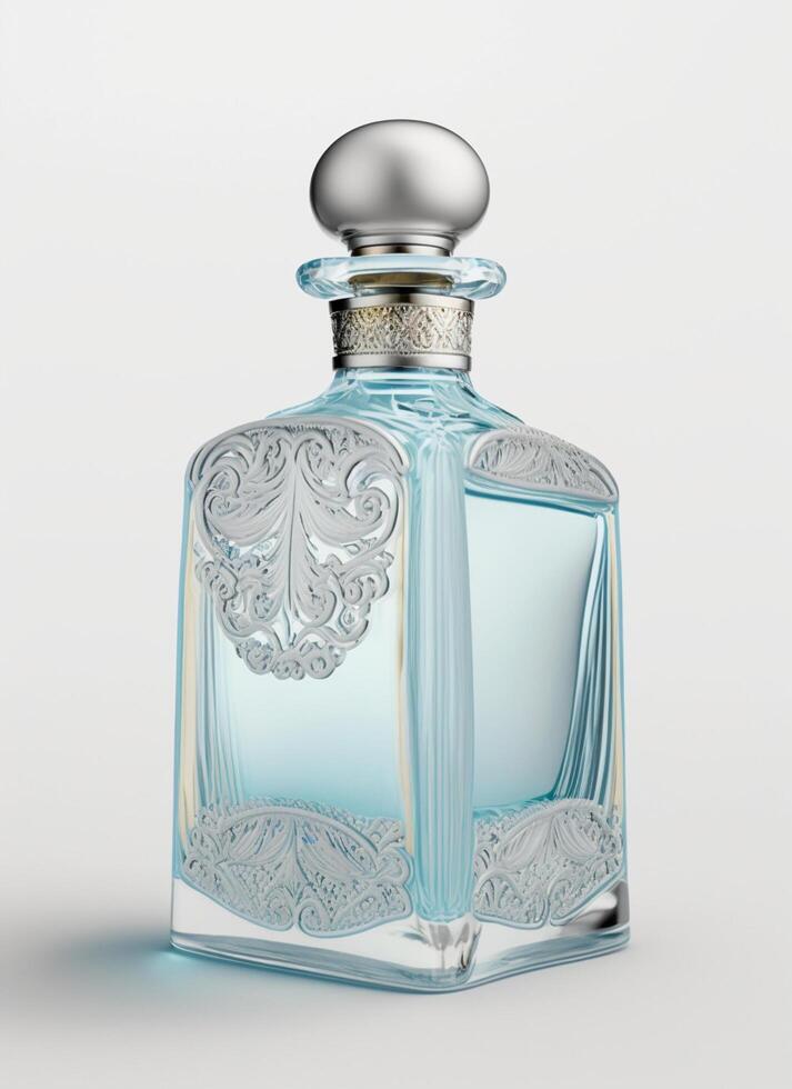 A high class bottle of glass perfume with light blue liquid. Aromatic perfume bottles on white background. Beauty product, cosmetic, perfume day, fragrance day or perfume launch event by photo