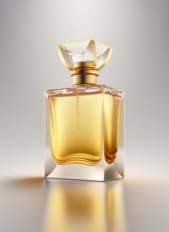 A high class bottle of glass perfume with yellow liquid. Aromatic perfume bottles on white background. For beauty product, cosmetic, perfume day, fragrance day or perfume launch event by photo