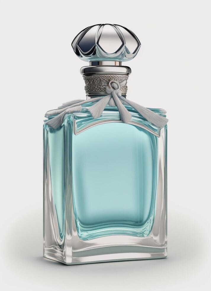 A high class bottle of glass perfume with light blue liquid. Aromatic perfume bottles on white background. Beauty product, cosmetic, perfume day, fragrance day or perfume launch event by photo