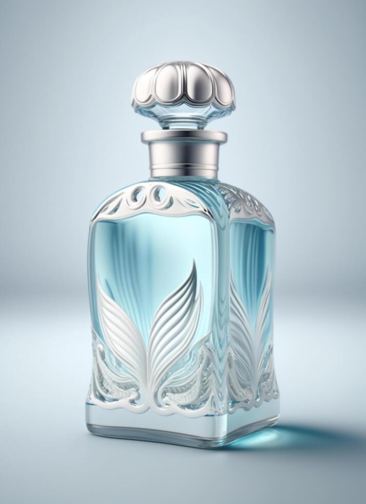 A high class bottle of glass perfume with light blue liquid. Aromatic perfume bottles on white background. Beauty product, cosmetic, perfume day, fragrance day or perfume launch event by photo