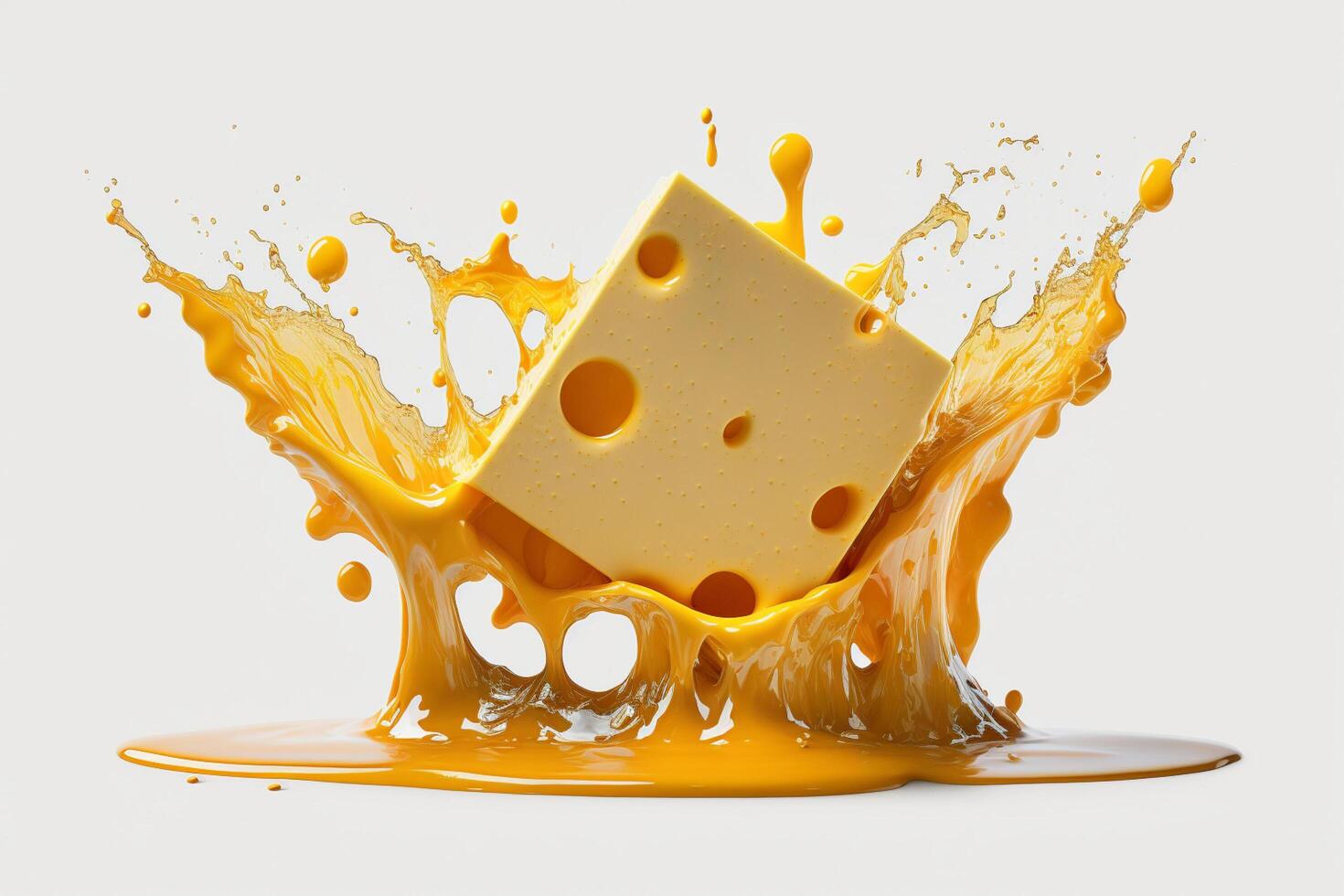 A delicious melting cheese splash in a realistic style. Hot cheese or cheddar splash. Tasty cheese liquid splash. Cheese sauce crown splash. For italian food, world cheese day, dessert by photo