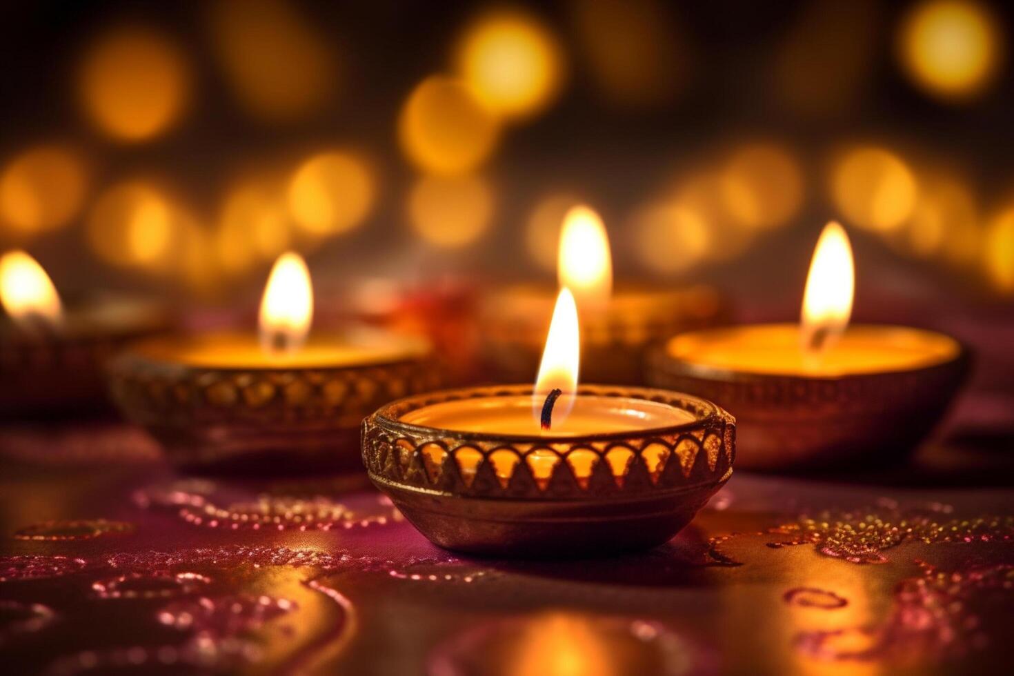 Happy diwali or deepavali traditional indian festival with clay diya oil lamp. Indian hindu festival of light symbol with candle and light. Clay diya lamp lit during diwali celebration by photo