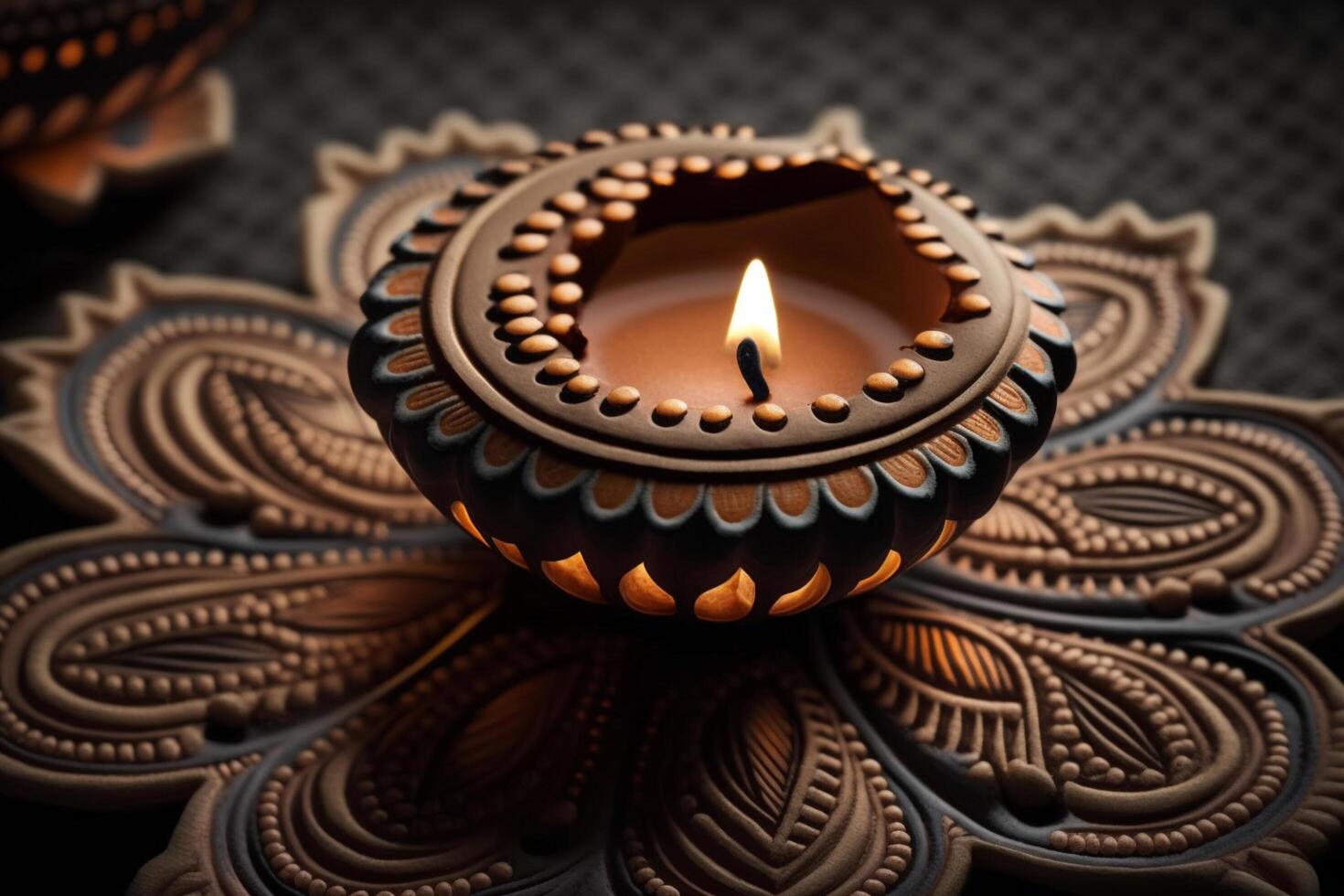 Happy diwali or deepavali traditional indian festival with clay diya oil lamp. Indian hindu festival of light symbol with candle and light. Clay diya lamp lit during diwali celebration by photo