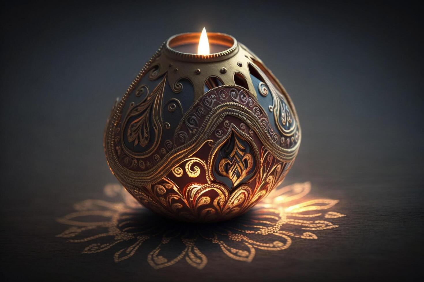 Happy diwali or deepavali traditional indian festival with clay diya oil lamp. Indian hindu festival of light symbol with candle and light. Clay diya lamp lit during diwali celebration by photo