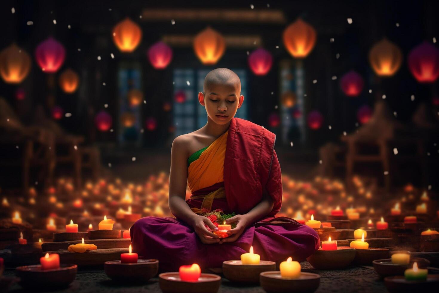 A buddha sits in a garden with a lotus and candles. Background for vesak festival celebration. Vesak day concept. Vesak celebration day greetings by photo