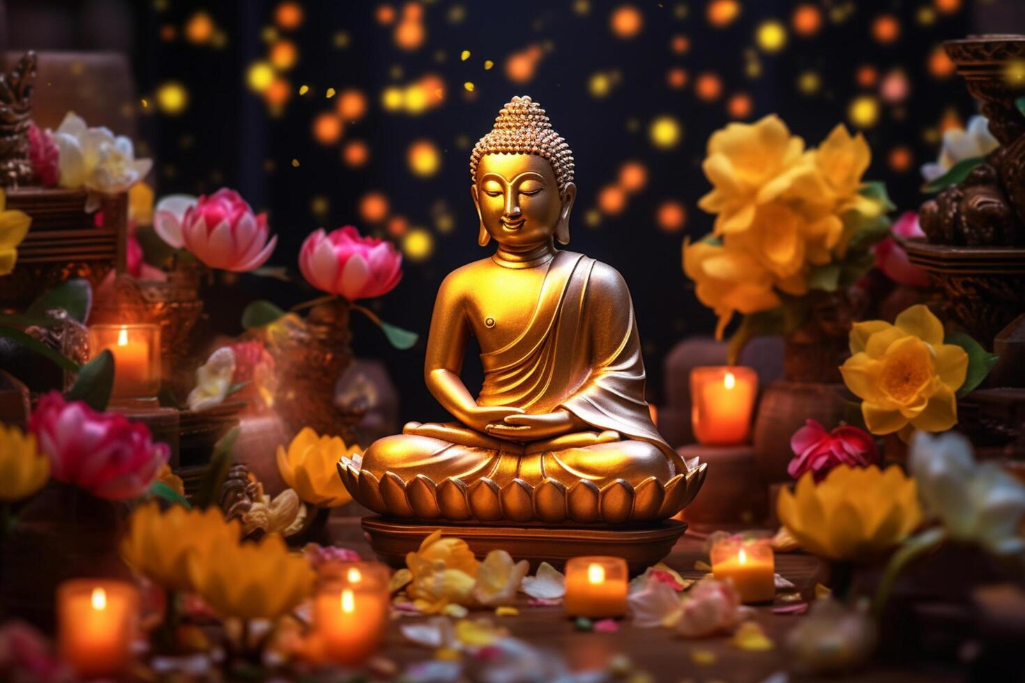 A buddha sits in a garden with a lotus and candles. Background for vesak festival celebration. Vesak day concept. Vesak celebration day greetings by photo