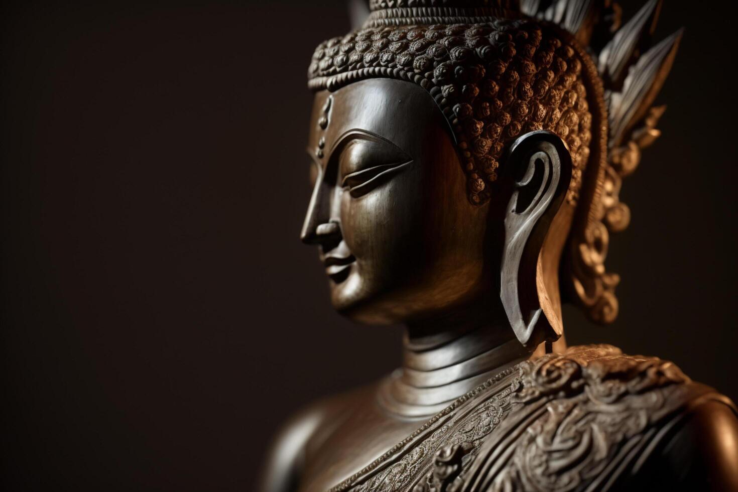 A thai buddha statue sits and meditating at buddhist temple. Ancient thailand buddha face. Background for vesak festival celebration. Vesak day concept. Vesak celebration day greetings by photo