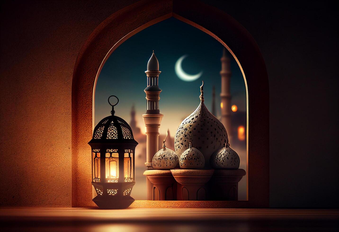 A windows depicts an islamic mosque at night with moon and lentern. In style of islamic city. Arched doorways. Eid al fitr background of window. Ramadan islamic lantern on a table by photo