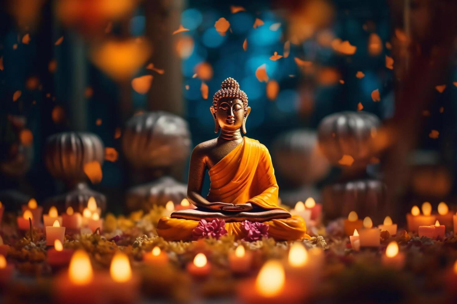 A buddha sits in a garden with a lotus and candles. Background for vesak festival celebration. Vesak day concept. Vesak celebration day greetings by photo