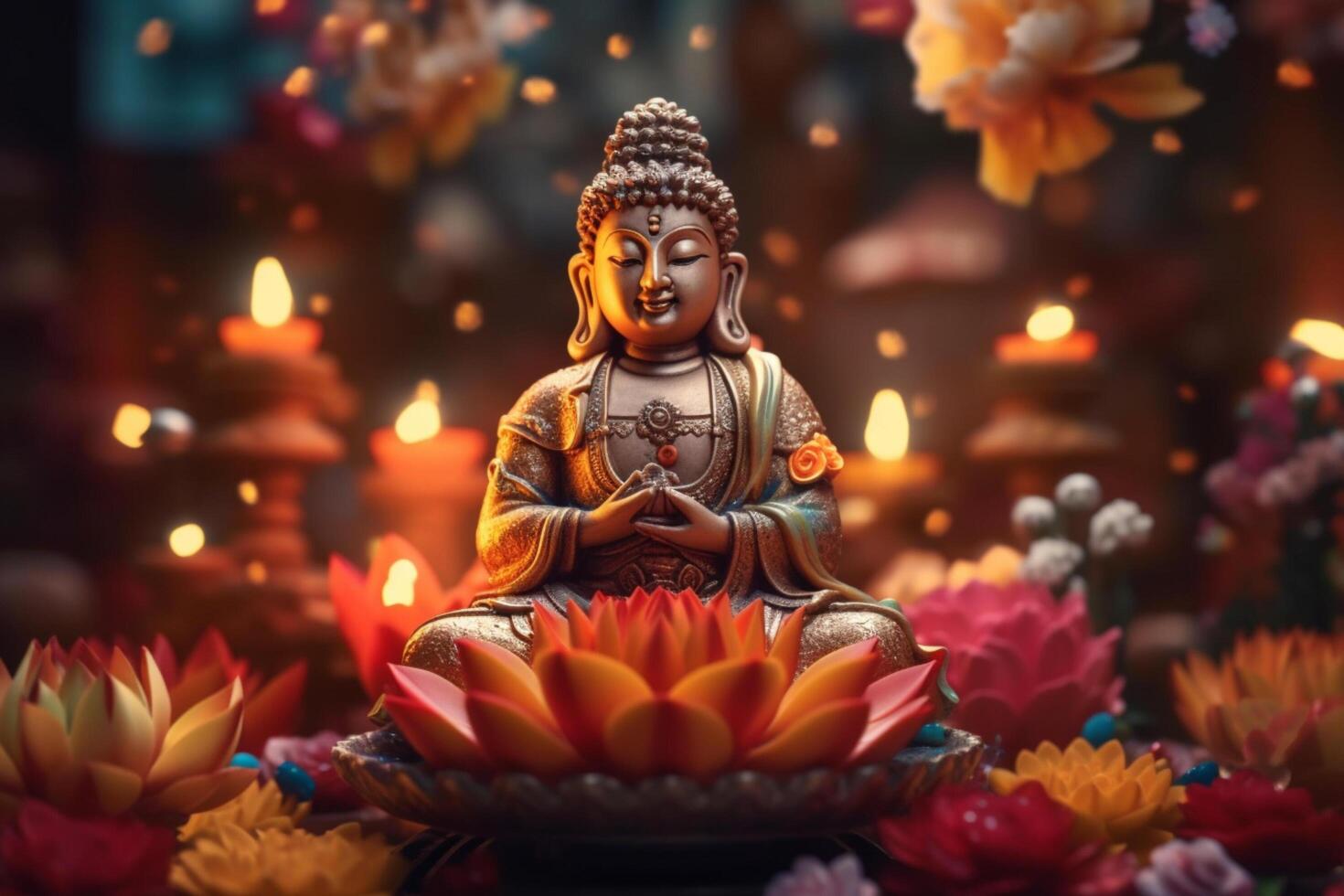 A buddha sits in a garden with a lotus and candles. Background for vesak festival celebration. Vesak day concept. Vesak celebration day greetings by photo