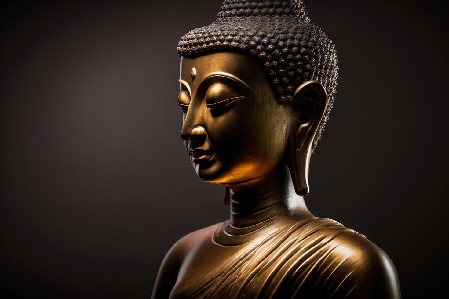 A thai buddha statue sits and meditating at buddhist temple. Ancient thailand buddha face. Background for vesak festival celebration. Vesak day concept. Vesak celebration day greetings by photo