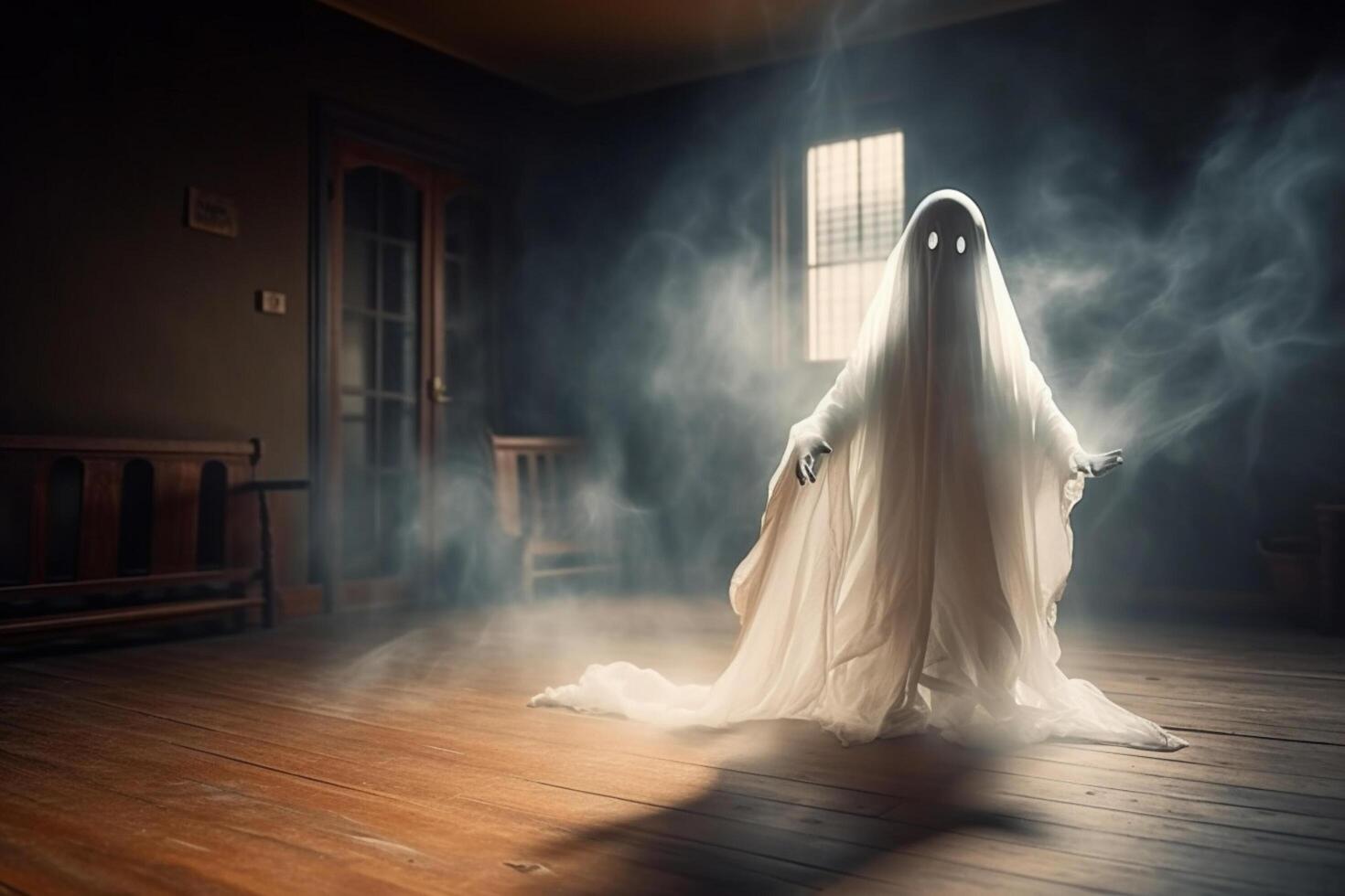 Human in spooky ghosts costume flying inside the old house or forest at night. Spooky halloween background with ghost. Ghost on halloween celebration concept by photo