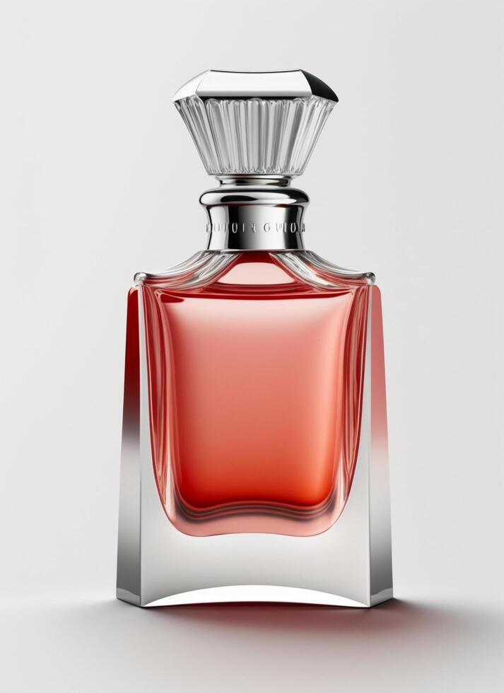 A high class bottle of glass perfume with light red liquid. Aromatic perfume bottles on white background. Beauty product, cosmetic, perfume day, fragrance day or perfume launch event by photo