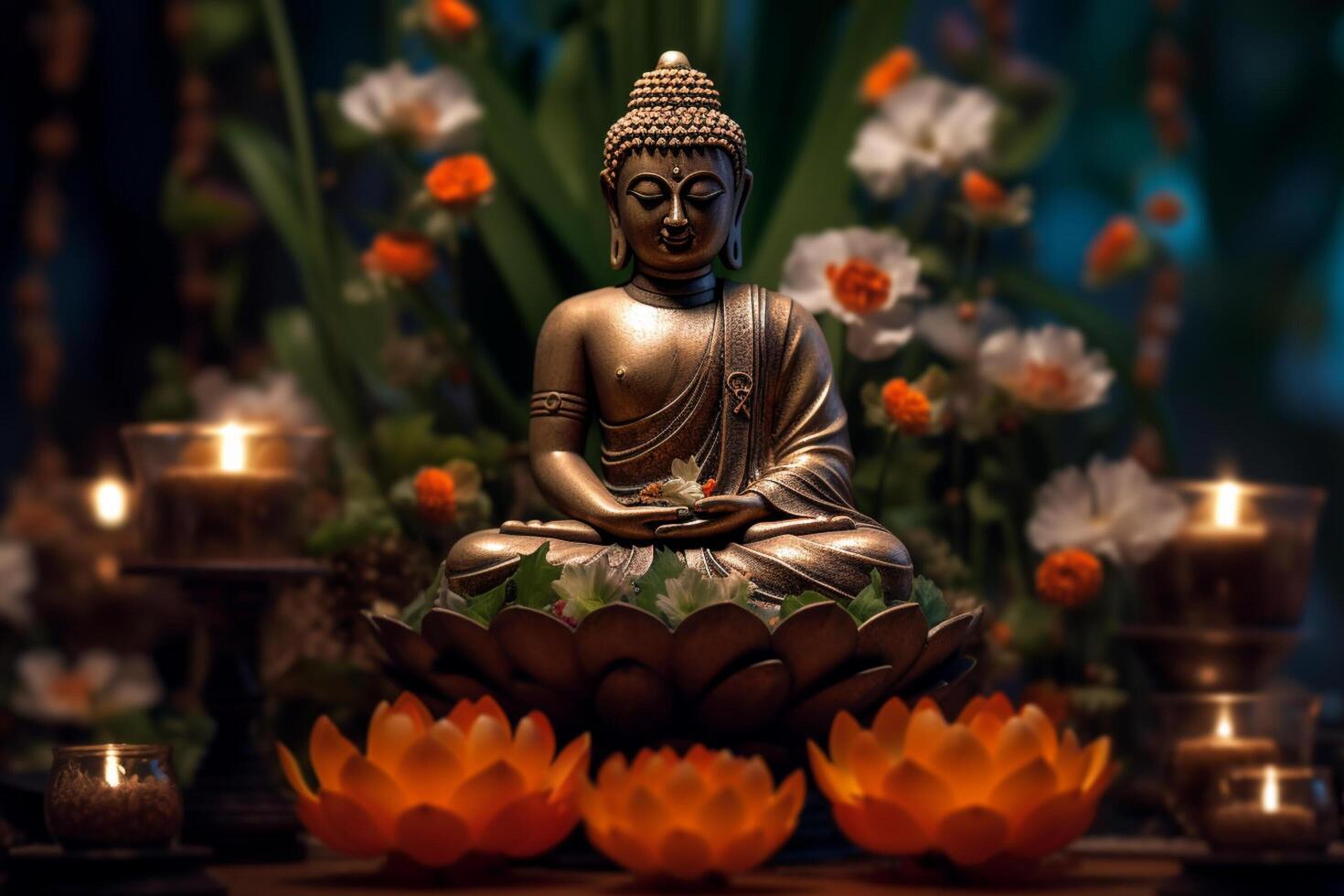 A buddha sits in a garden with a lotus and candles. Background for vesak festival celebration. Vesak day concept. Vesak celebration day greetings by photo