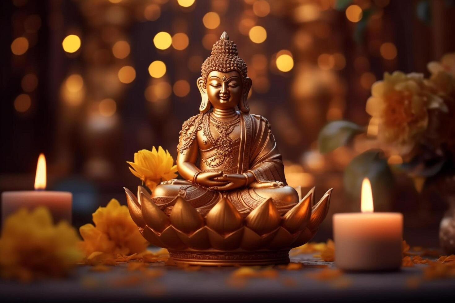 A buddha sits in a garden with a lotus and candles. Background for vesak festival celebration. Vesak day concept. Vesak celebration day greetings by photo
