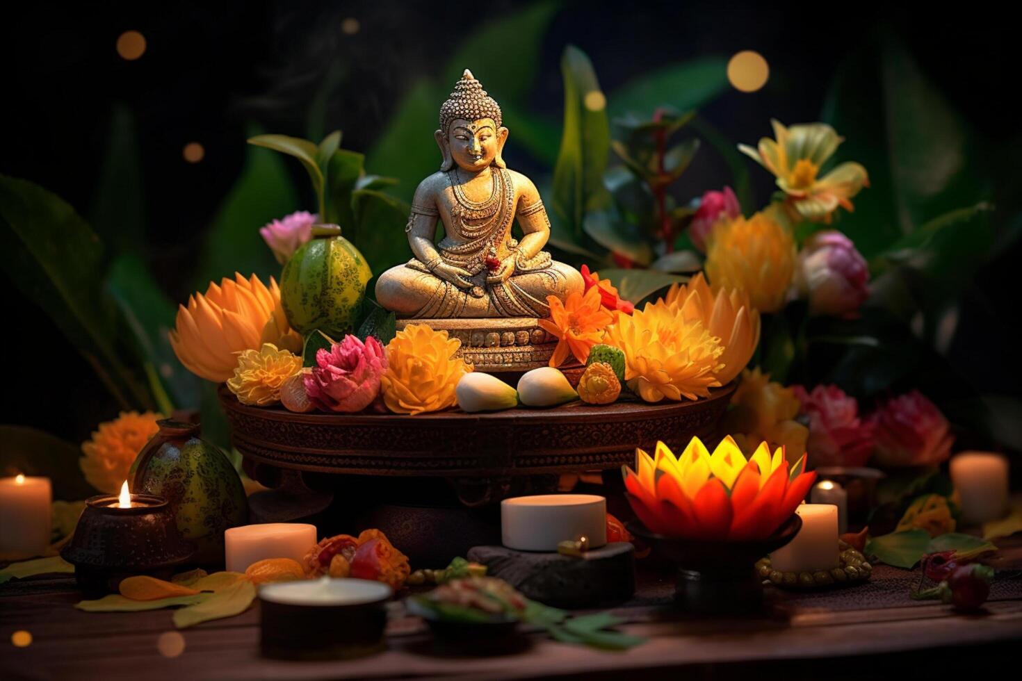 A buddha sits in a garden with a lotus and candles. Background for vesak festival celebration. Vesak day concept. Vesak celebration day greetings by photo