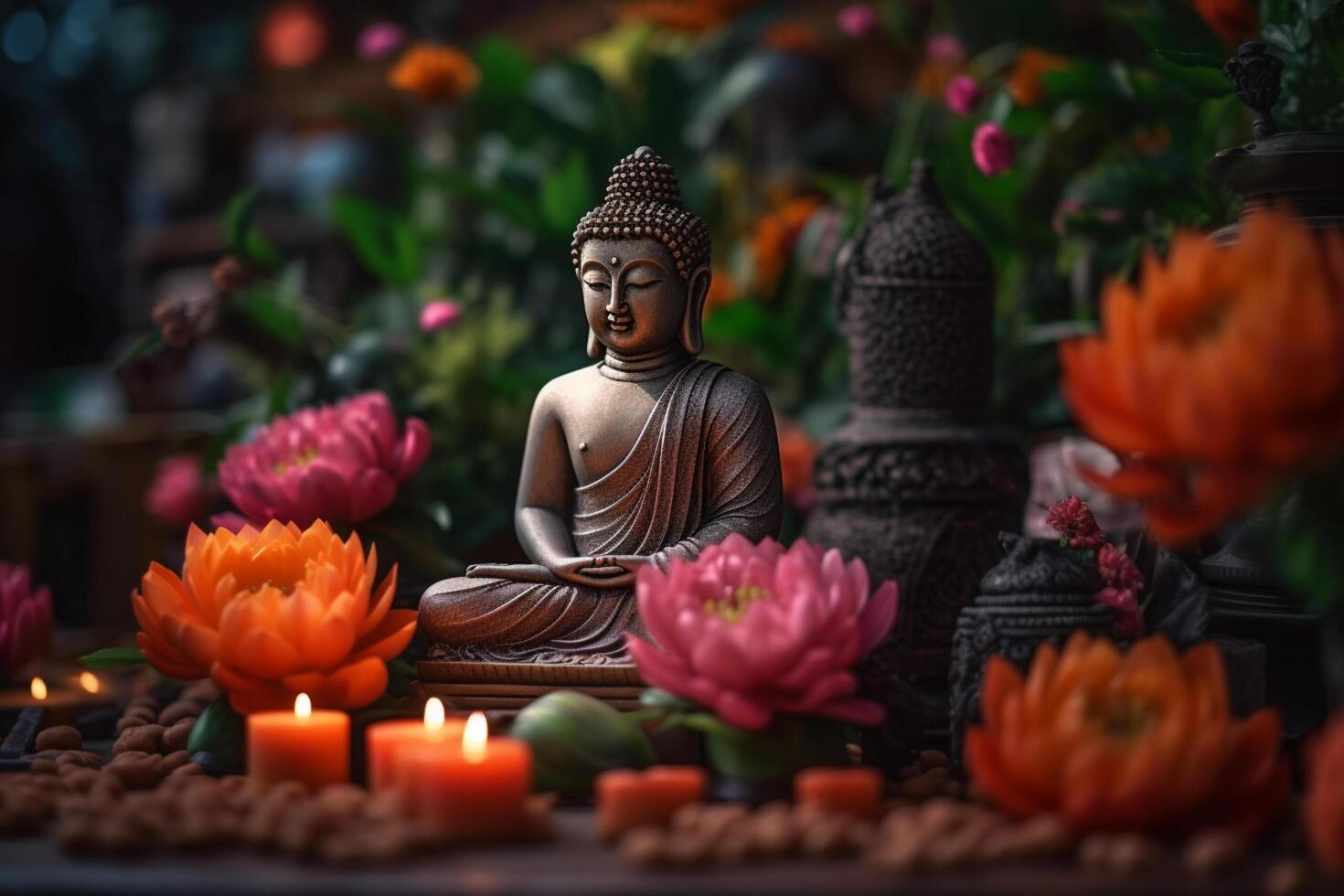 un Buda se sienta en un jardín con un loto y velas antecedentes para vesak festival celebracion. vesak día concepto. vesak celebracion día saludos por ai generado foto