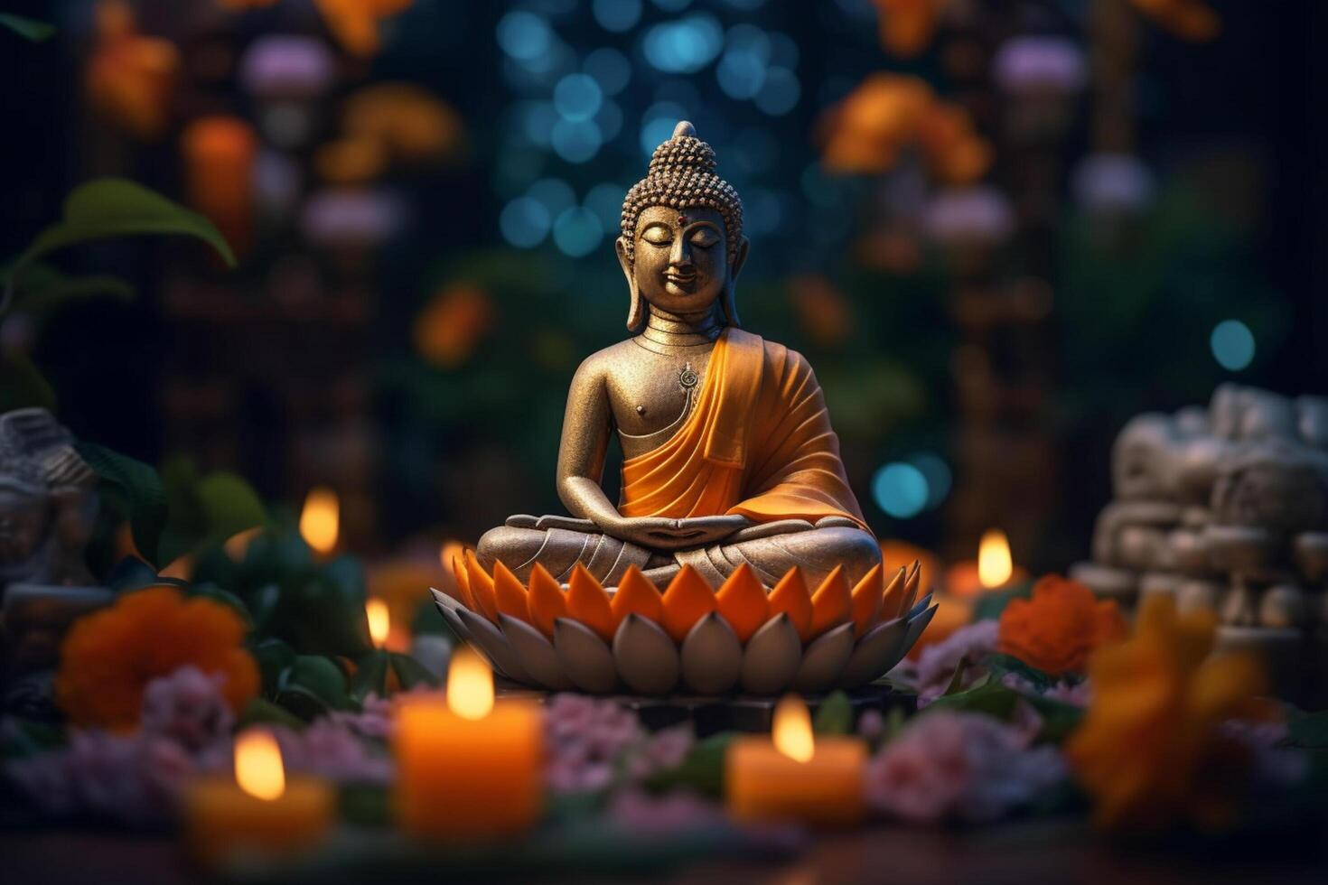 A buddha sits in a garden with a lotus and candles. Background for vesak festival celebration. Vesak day concept. Vesak celebration day greetings by photo