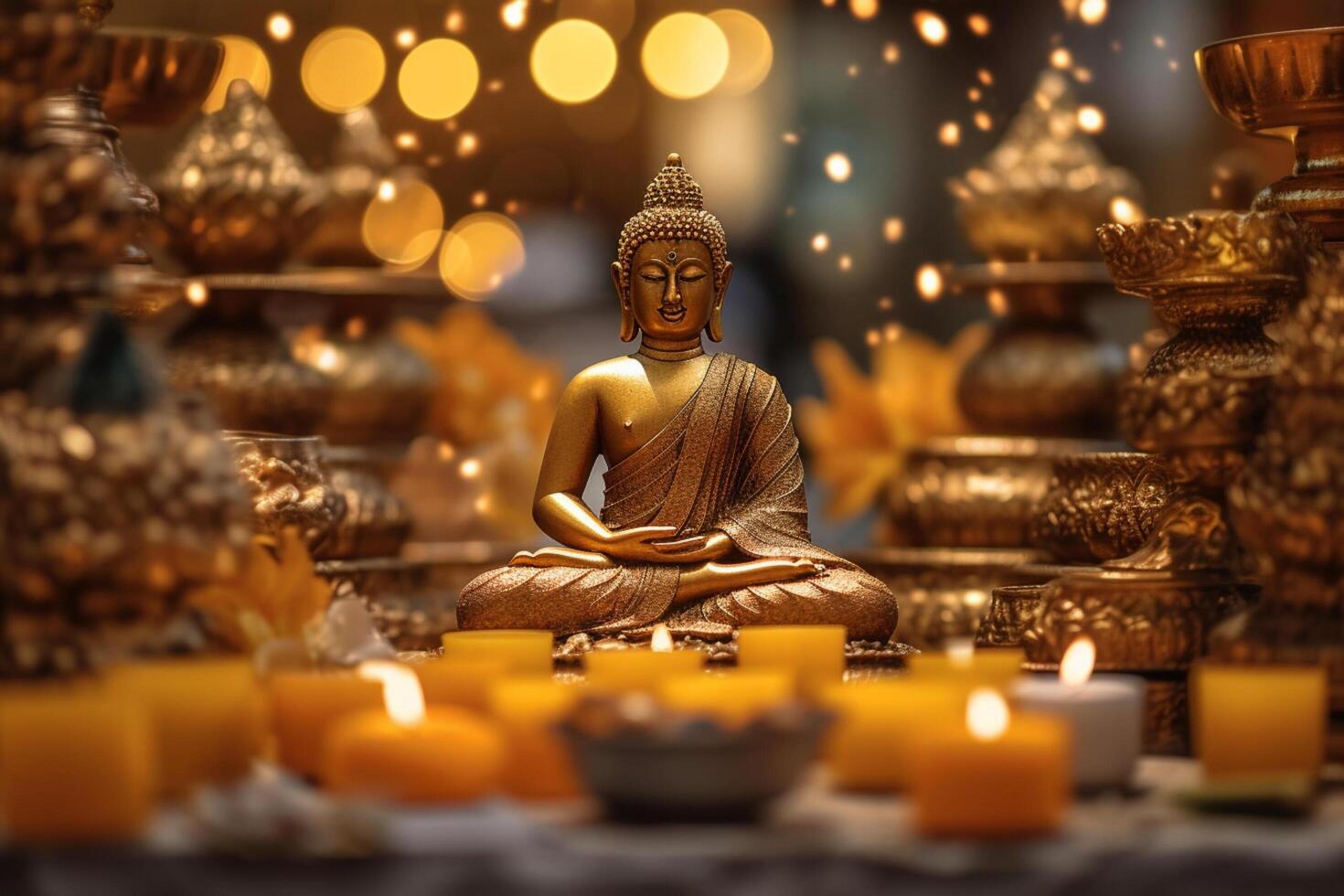 A buddha sits in a garden with a lotus and candles. Background for vesak festival celebration. Vesak day concept. Vesak celebration day greetings by photo
