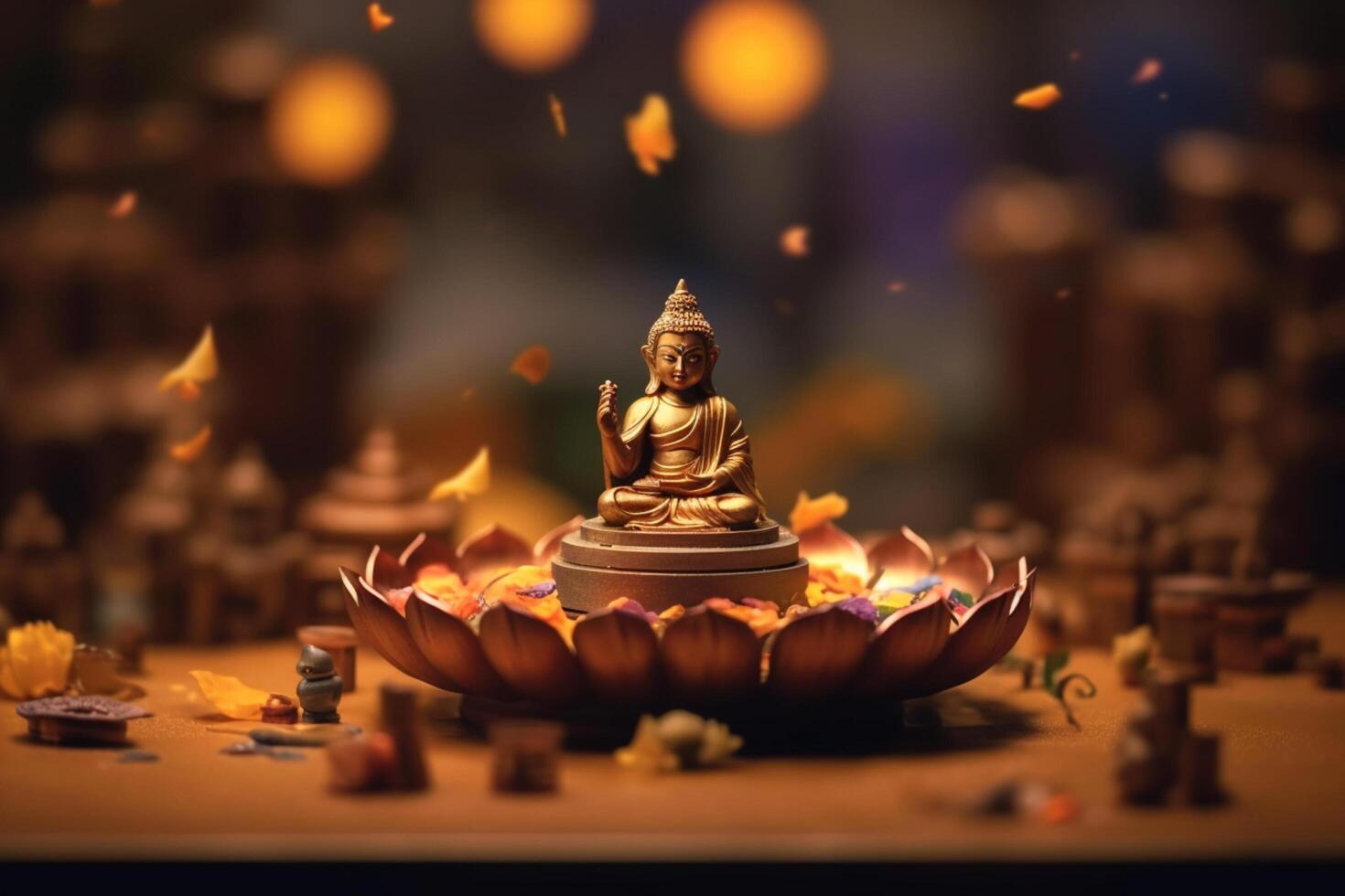 A buddha sits in a garden with a lotus and candles. Background for vesak festival celebration. Vesak day concept. Vesak celebration day greetings by photo