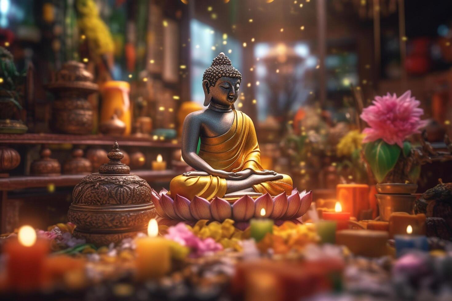 A buddha sits in a garden with a lotus and candles. Background for vesak festival celebration. Vesak day concept. Vesak celebration day greetings by photo